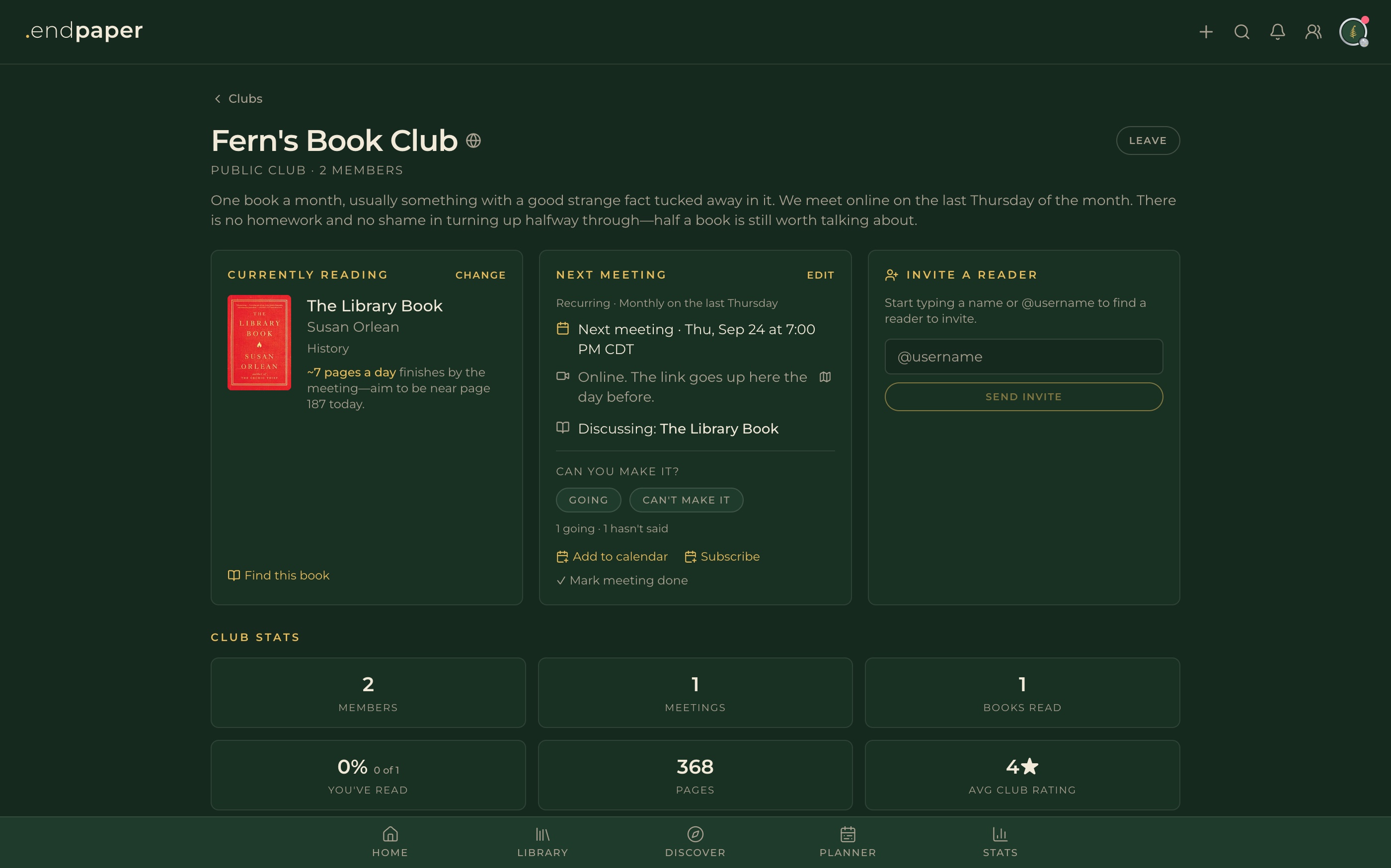 An invite-only Endpaper book club — what the club is reading now, the next meeting and a box to invite a reader.