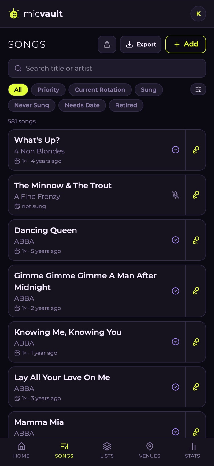 The micVault song library — filter chips for each list above songs showing artist, times sung and how long ago.