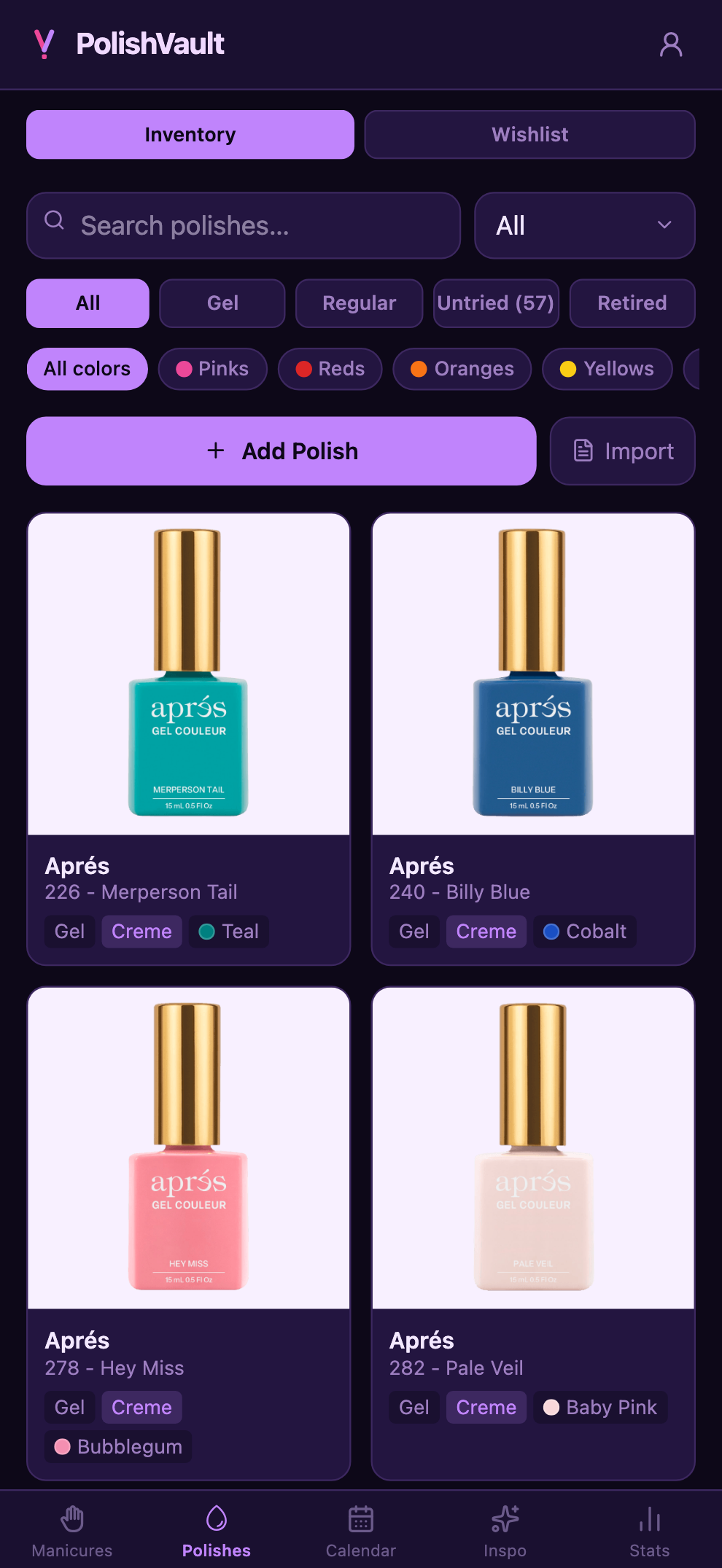 The PolishVault inventory — a grid of nail polish bottles with brand, name and colour, above filter chips for colour family and finish.