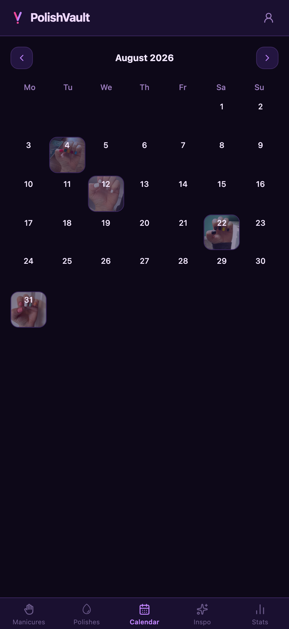 The PolishVault calendar — a month grid with a small manicure photo on each day something was logged.